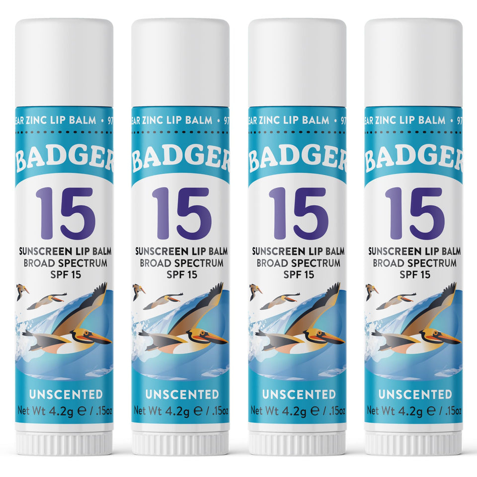 Badger front packaging showing SPF 15 lip balm and unscented benefits