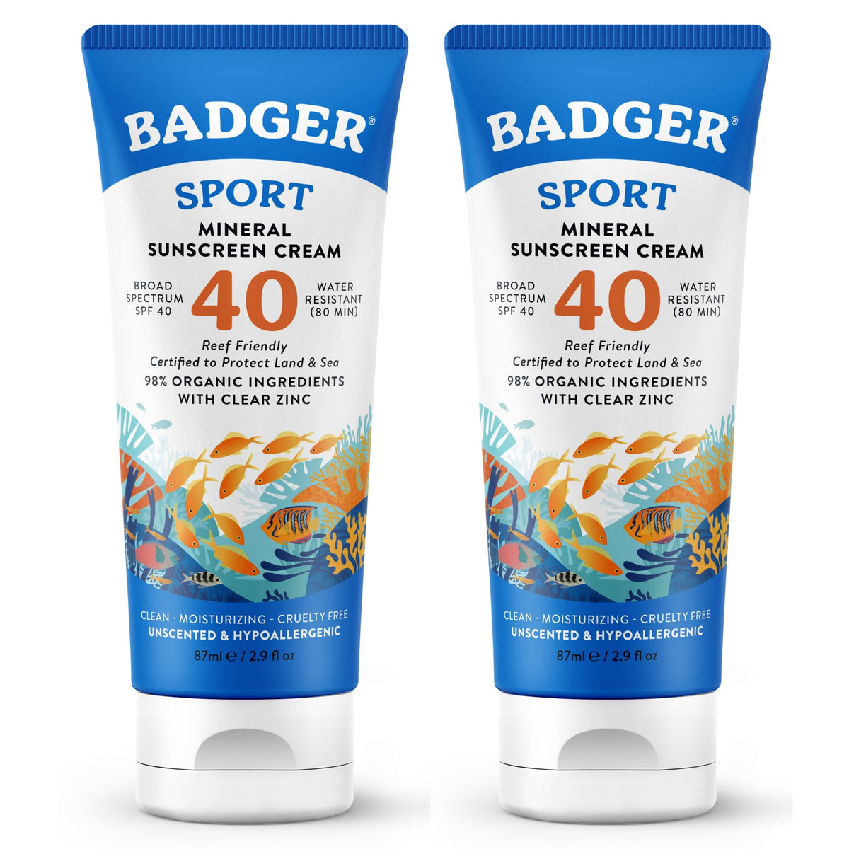 Badger front packaging SPF 40 showing clear reef-safe protection benefits