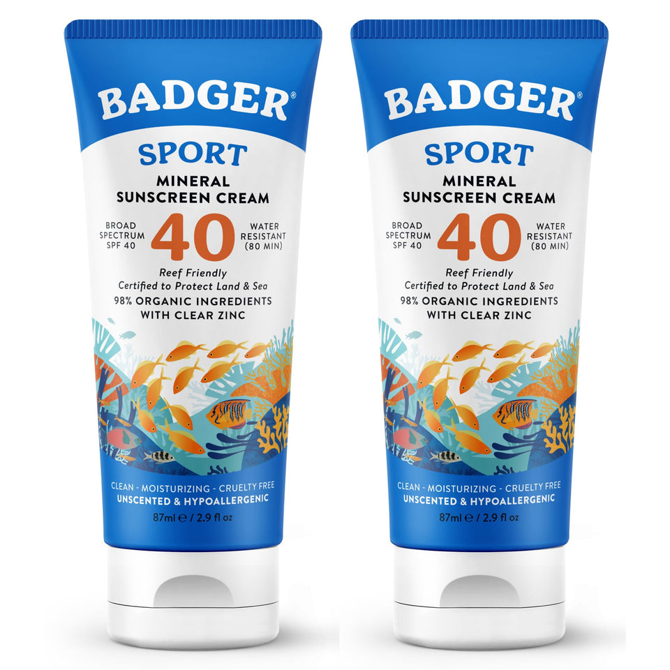 Badger front packaging SPF 40 showing clear reef-safe protection benefits