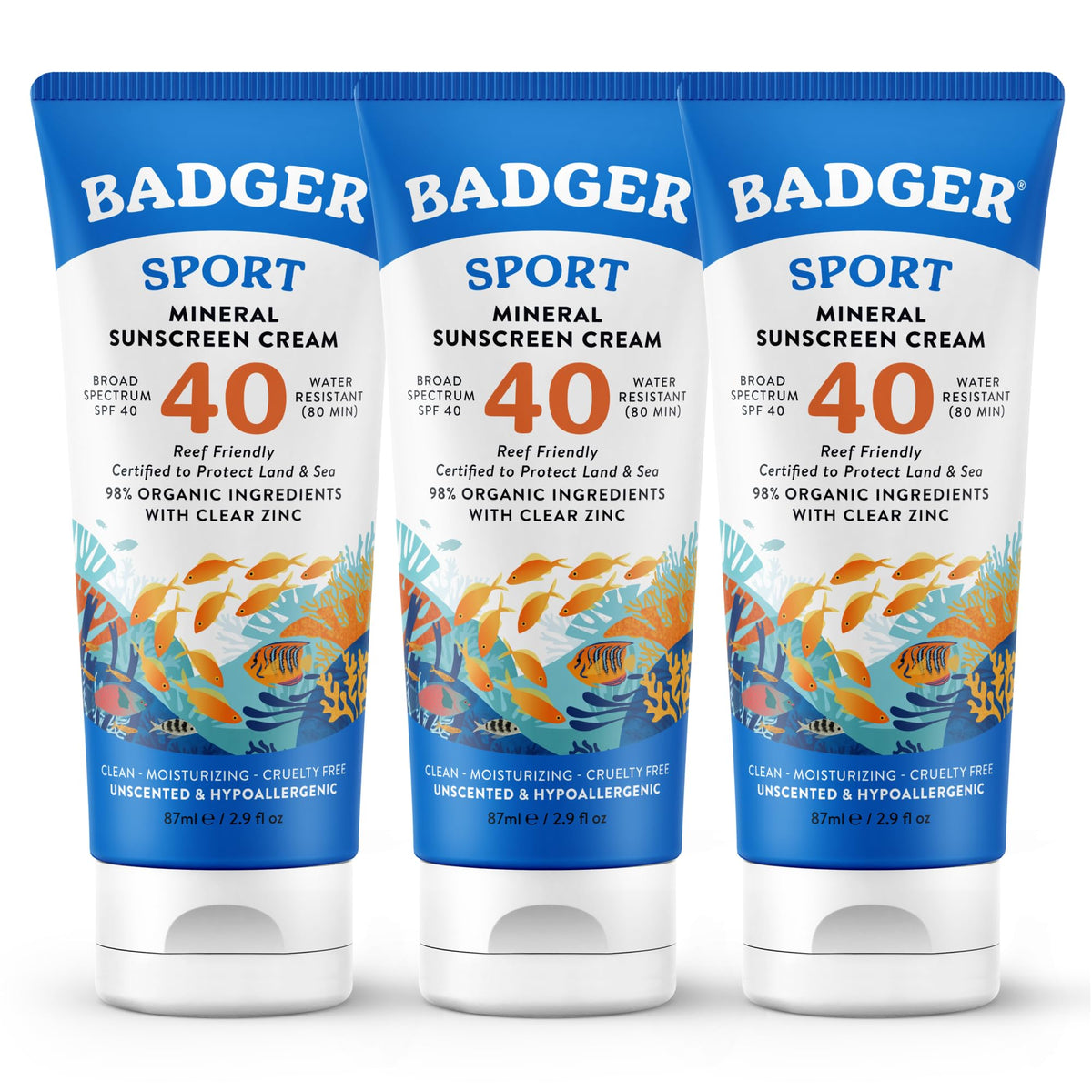 Badger front packaging SPF 40 showing reef-safe benefit