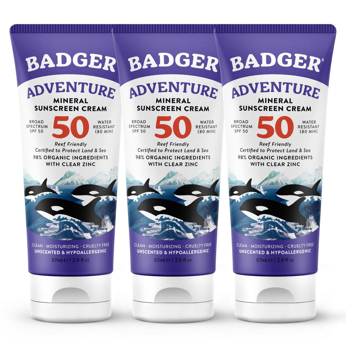 Badger front packaging SPF 50 showing compact travel-friendly tubes and benefits