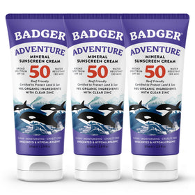 Badger front packaging SPF 50 showing compact travel-friendly tubes and benefits