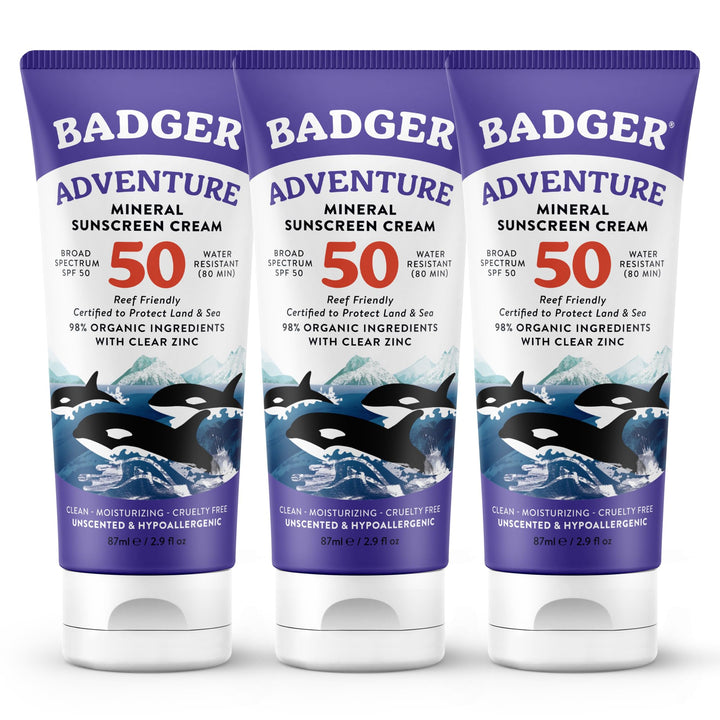 Badger front packaging SPF 50 showing compact travel-friendly tubes and benefits