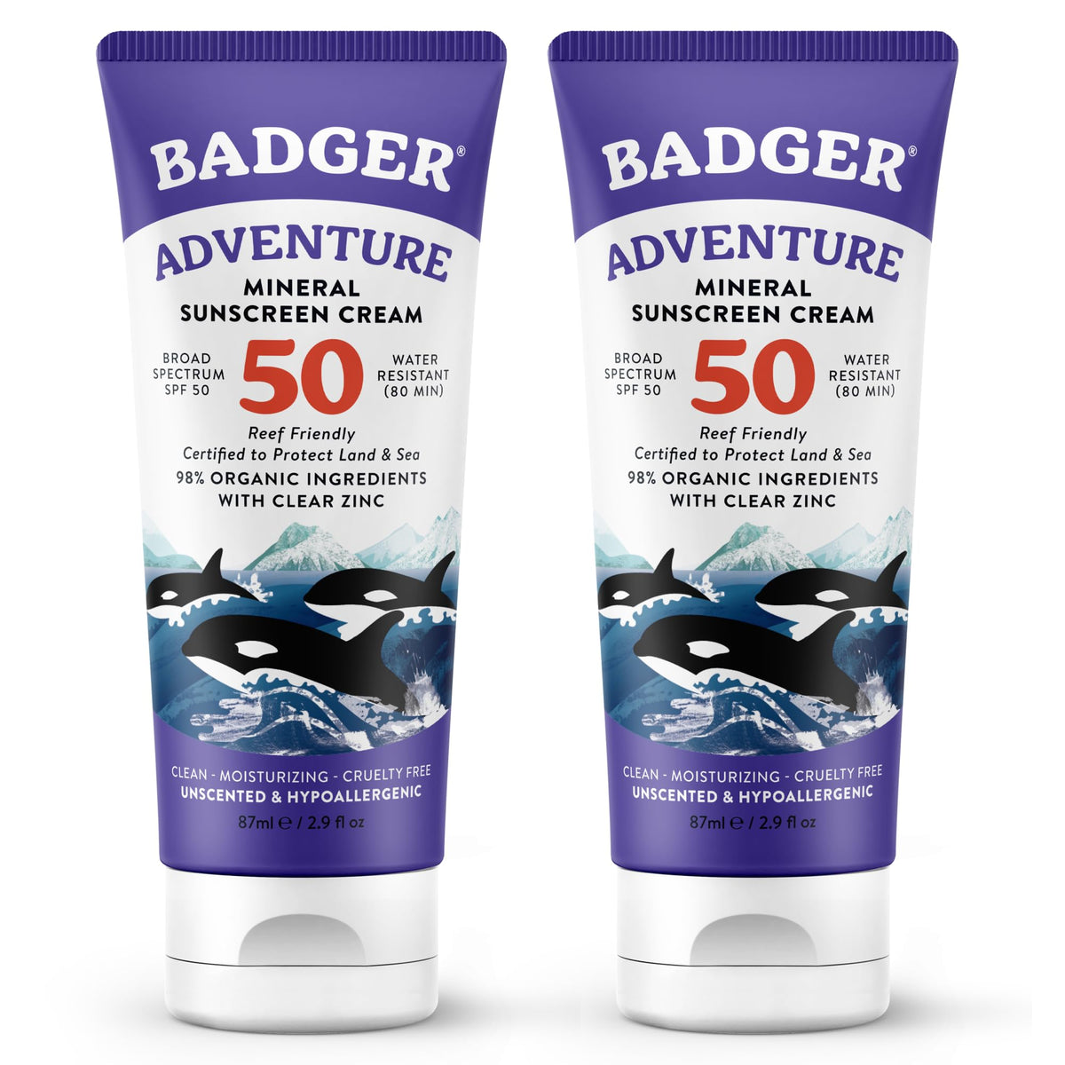 Badger front packaging showing SPF 50 and reef safe protection