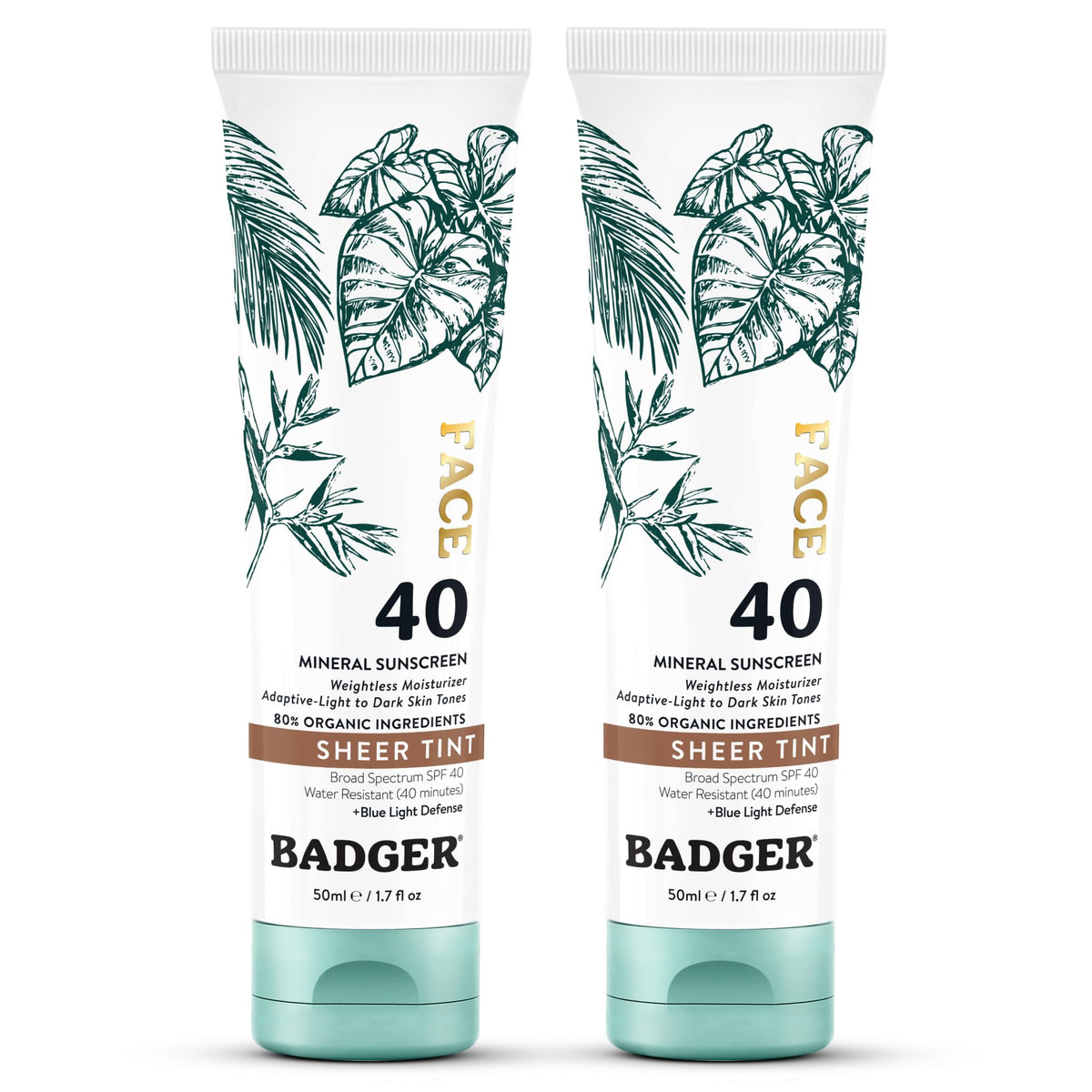 Badger front packaging tube showing SPF 40 and warm tint benefit