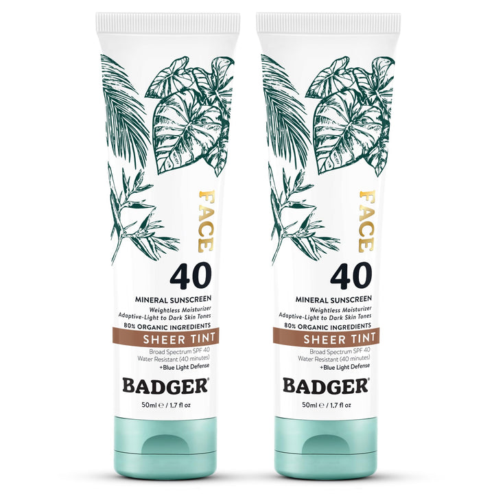 Badger front packaging tube showing SPF 40 and warm tint benefit