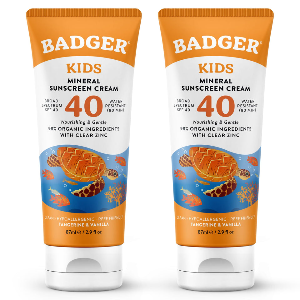 Badger front packaging showing SPF 40 and kid-friendly design, clear protection