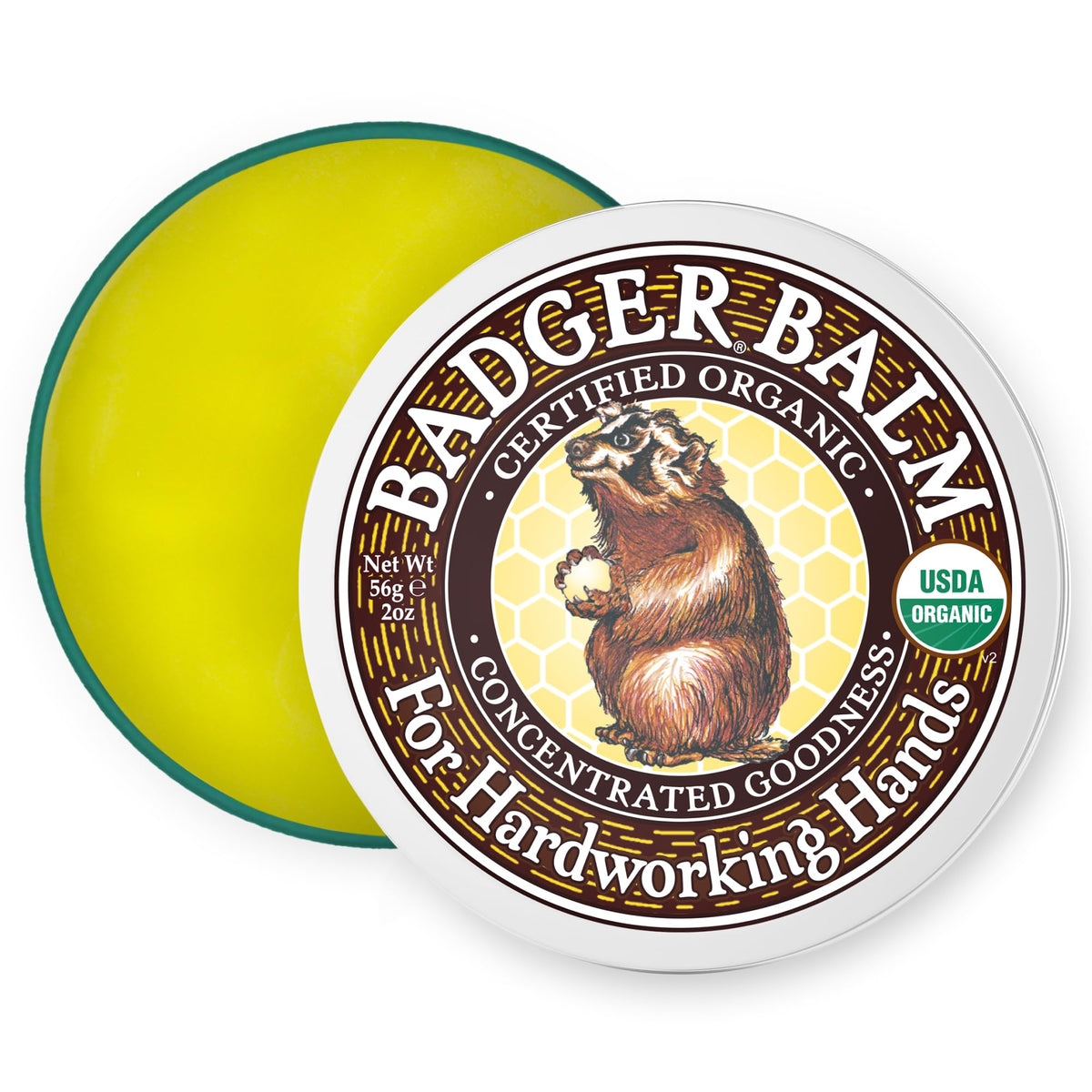 Badger front tin view showing label and recycled metal packaging benefit