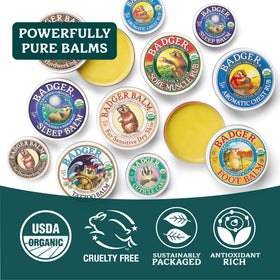 Badger applying balm to hands demonstrating soothing relief benefit