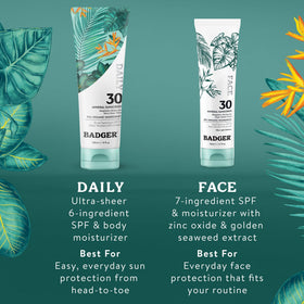 Badger ingredient icons and eco labels emphasizing 90% organic and sustainable packaging