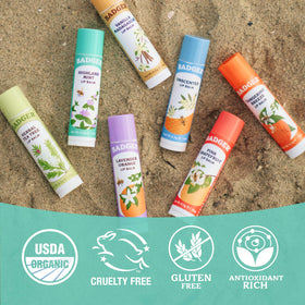 Badger ingredients olive oil aloe beeswax grouped to show natural nourishing components benefit