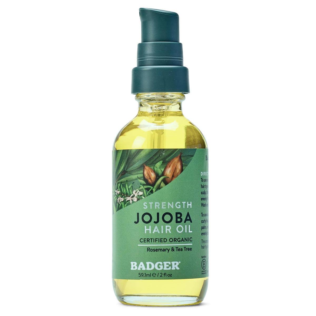 Badger glass bottle front view showing jojoba hair oil benefits