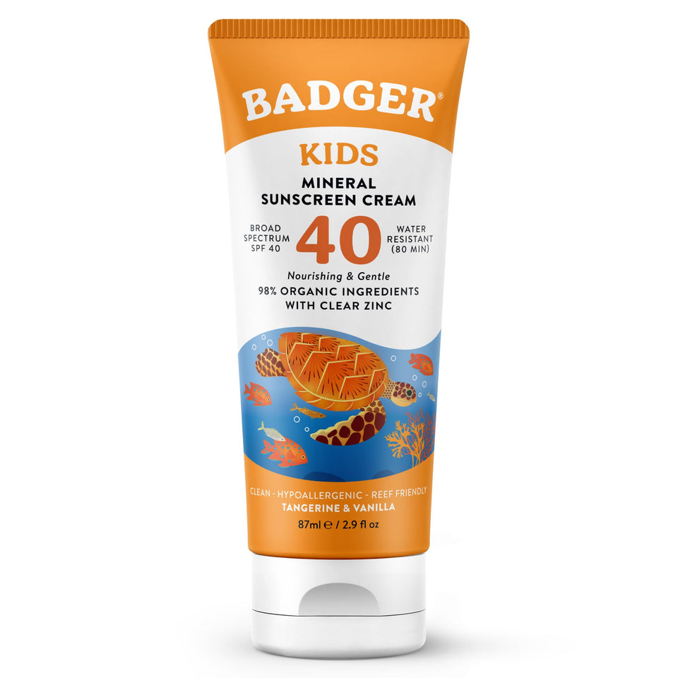 Badger kids SPF 40 front packaging showing tube and branding protecting skin