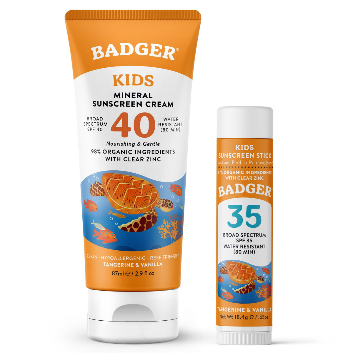 Badger front packaging showing the SPF 40 cream and SPF 35 stick, quick protection