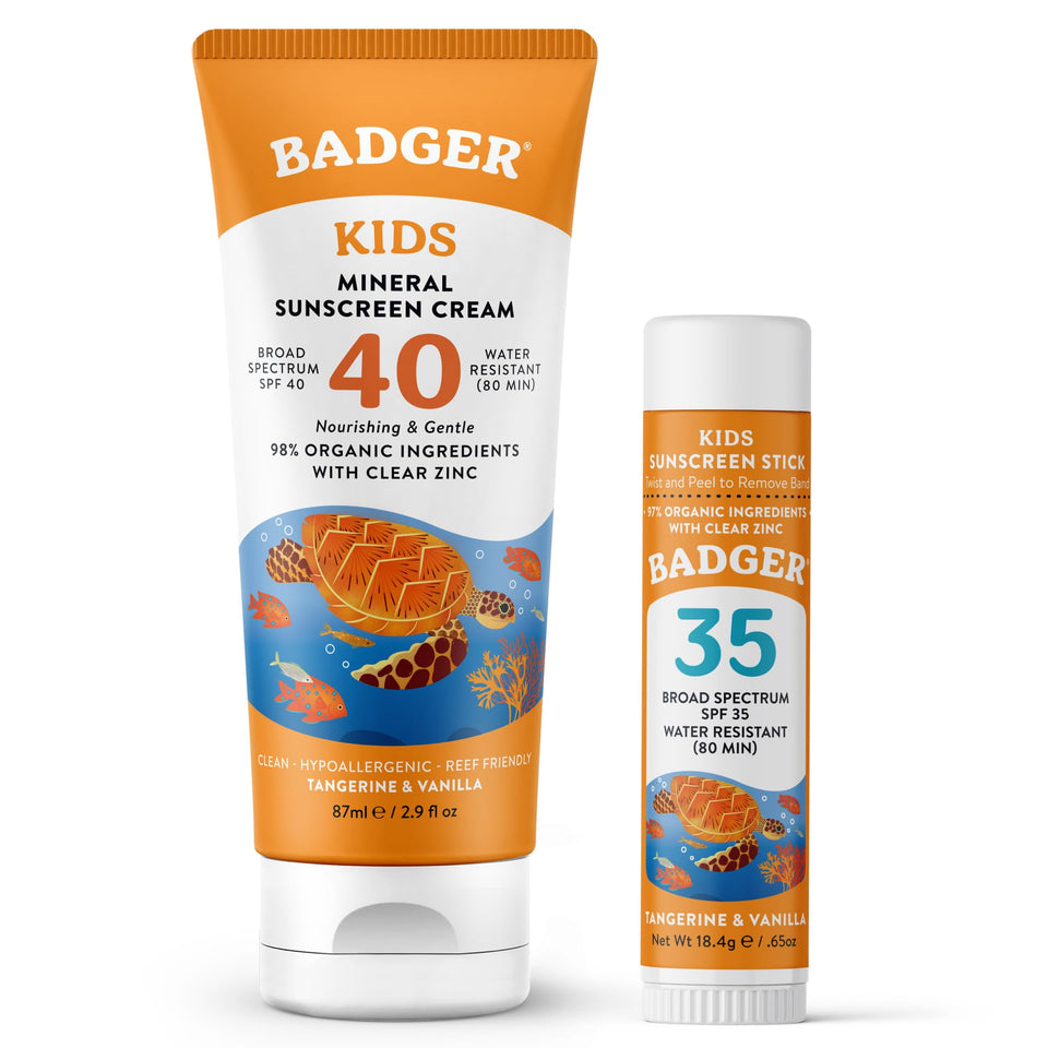 Badger front packaging showing the SPF 40 cream and SPF 35 stick, quick protection