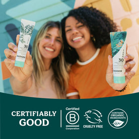 Badger label close-up showing certifications and reef-safe assurance