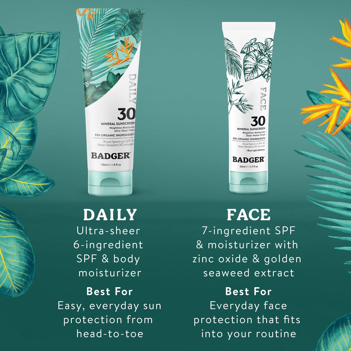 Badger label close-up showing unscented, vegan, reef-safe benefits