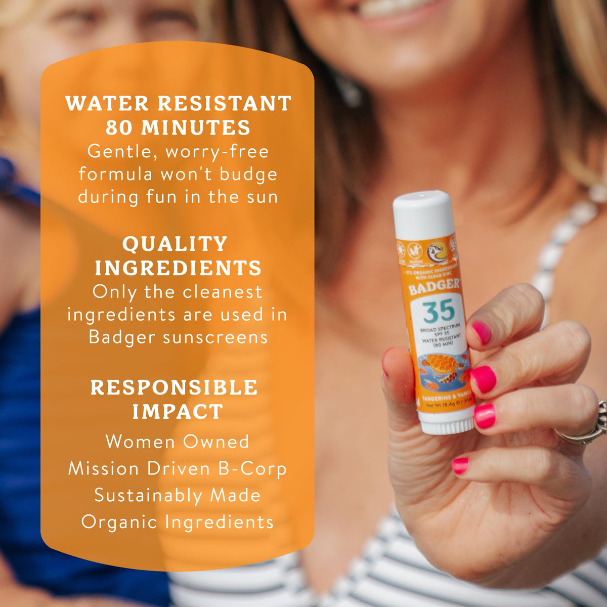 Badger label close-up listing organic ingredients and reef-safe benefit