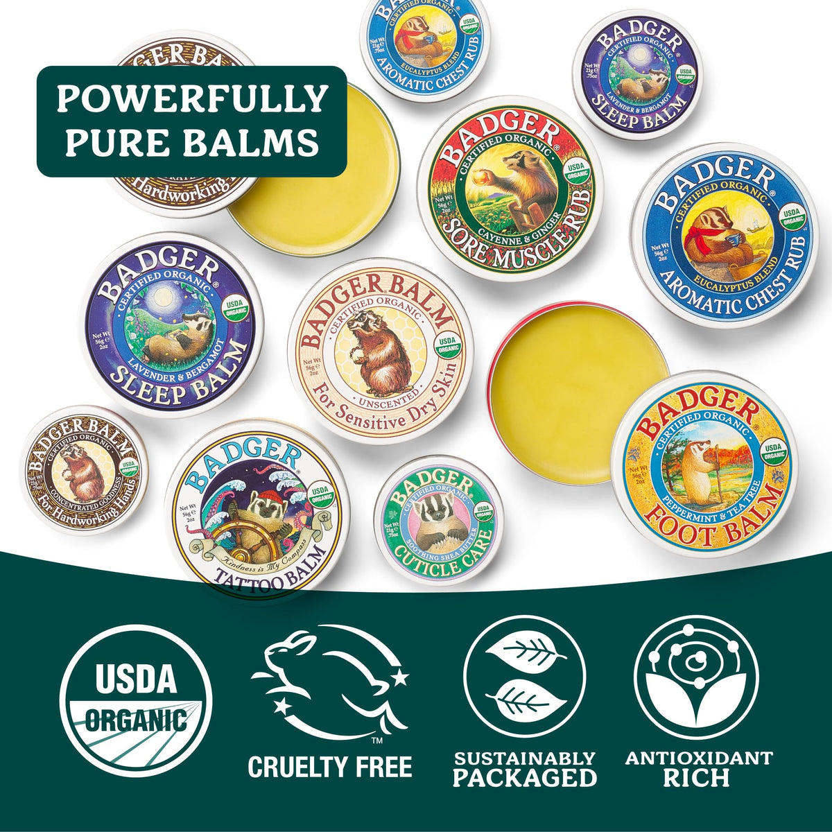 Badger lid label detail highlighting organic olive oil and beeswax ingredients