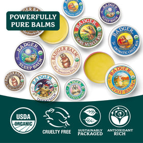 Badger lid label detail highlighting organic olive oil and beeswax ingredients