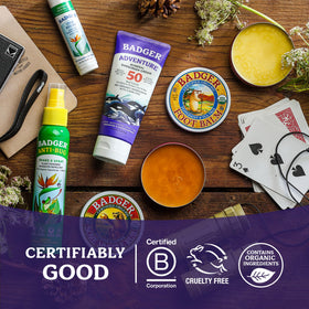 Badger balm on bathroom shelf with towel, everyday aftercare made simple