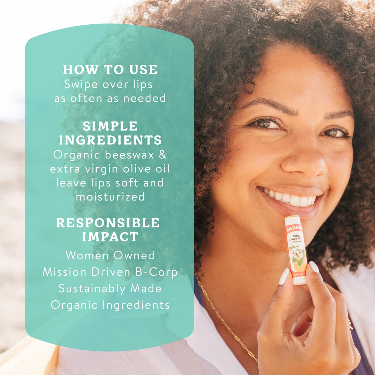 Badger lifestyle outdoor use on lips after hiking for cooling, protective moisture benefit