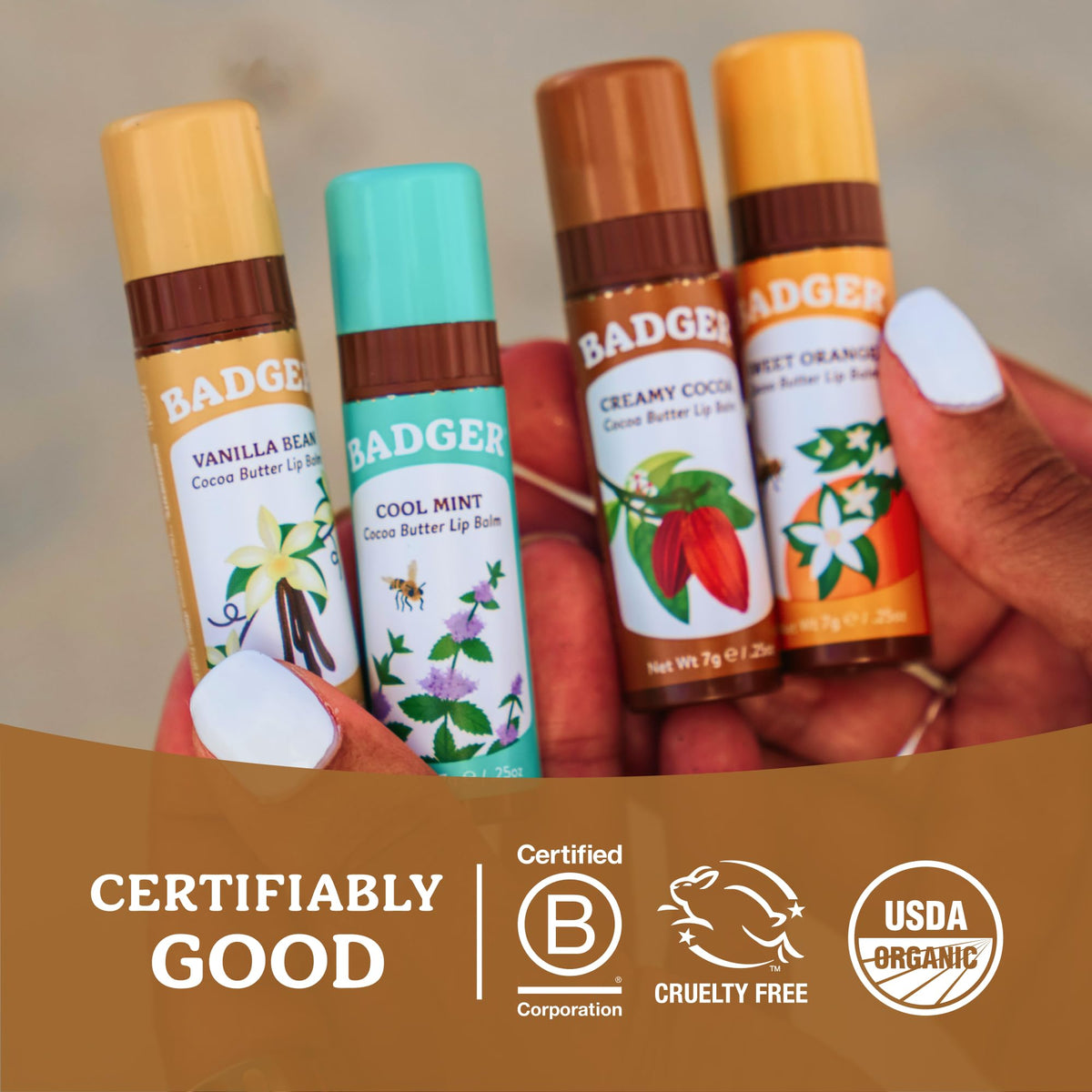 Badger lip balm sticks staged at solar-powered facility signaling sustainable production