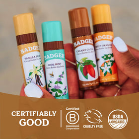 Badger lip balm sticks staged at solar-powered facility signaling sustainable production