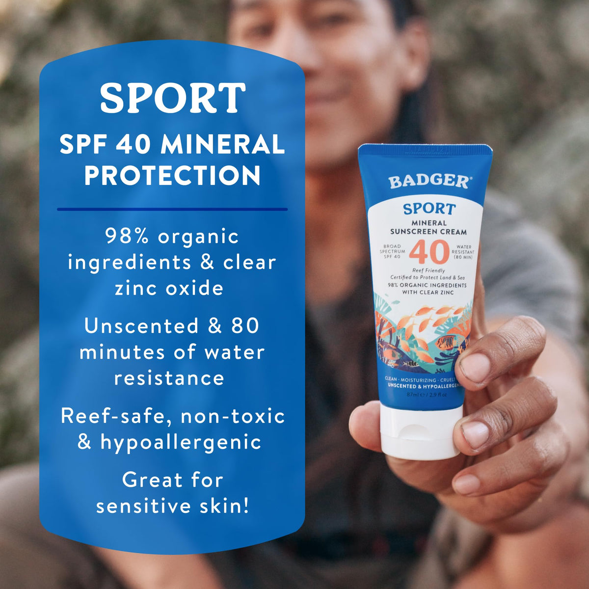 Badger close-up texture of sunscreen showing quick-absorbing benefit