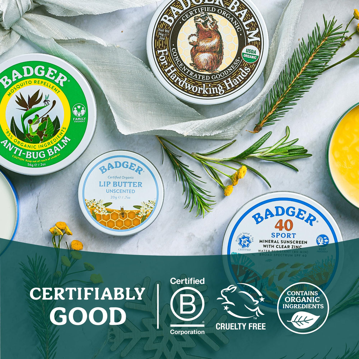 Badger tin on recycled-paper backdrop emphasizing solar-made and sustainable