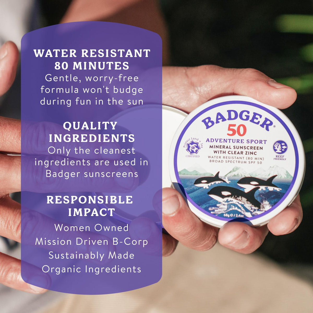Badger reef-safe certification badge on product showing eco-friendly protection benefit