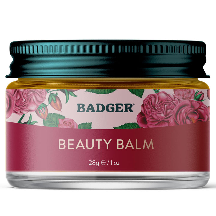 Badger rose beauty balm front glass jar shows label and compact size benefit