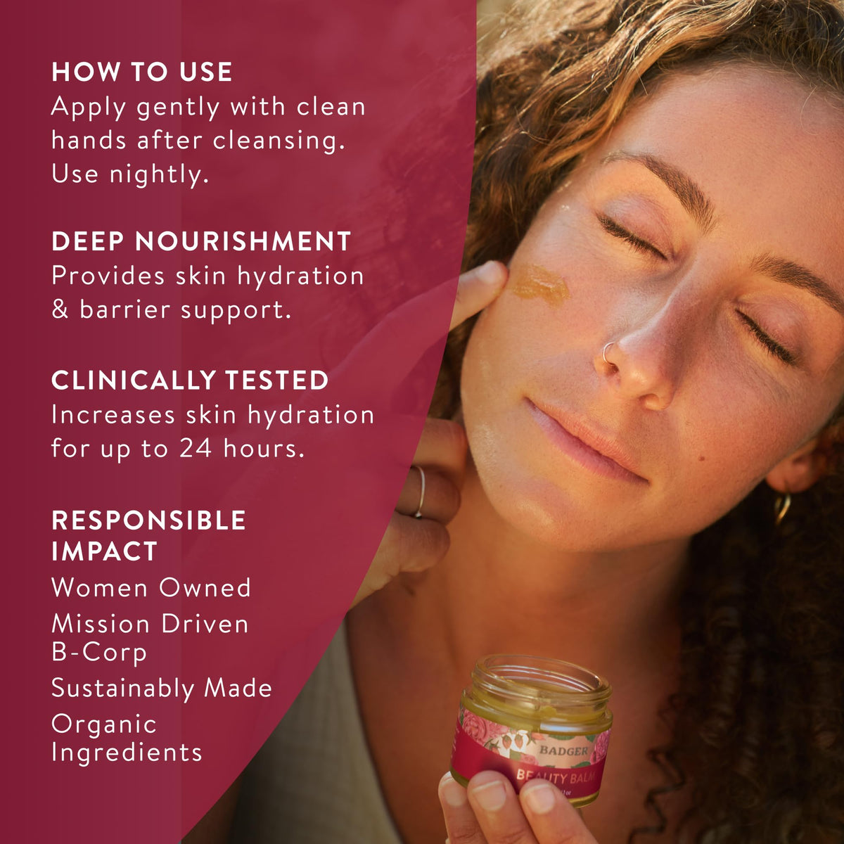 Badger rose beauty balm massaged into hands showing immediate skin softness