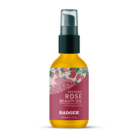 Badger rose face oil front bottle showing organic glass packaging and calm benefit