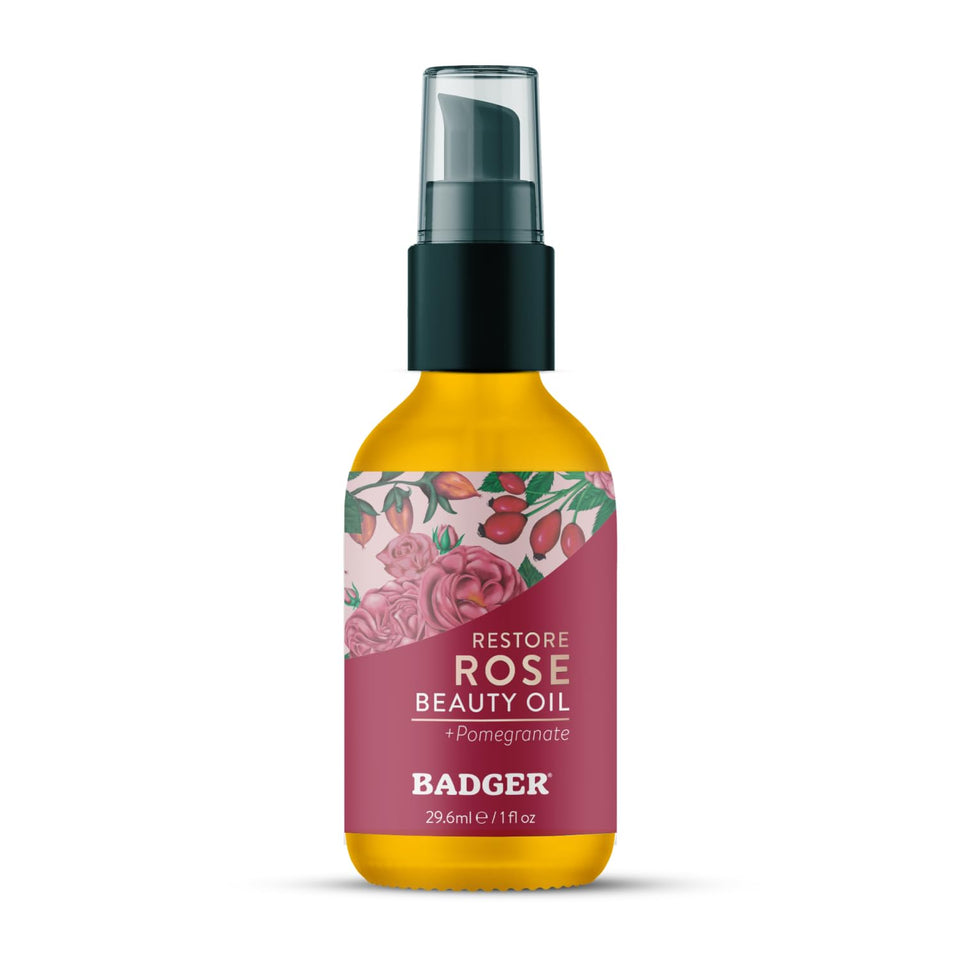 Badger rose face oil front bottle showing organic glass packaging and calm benefit