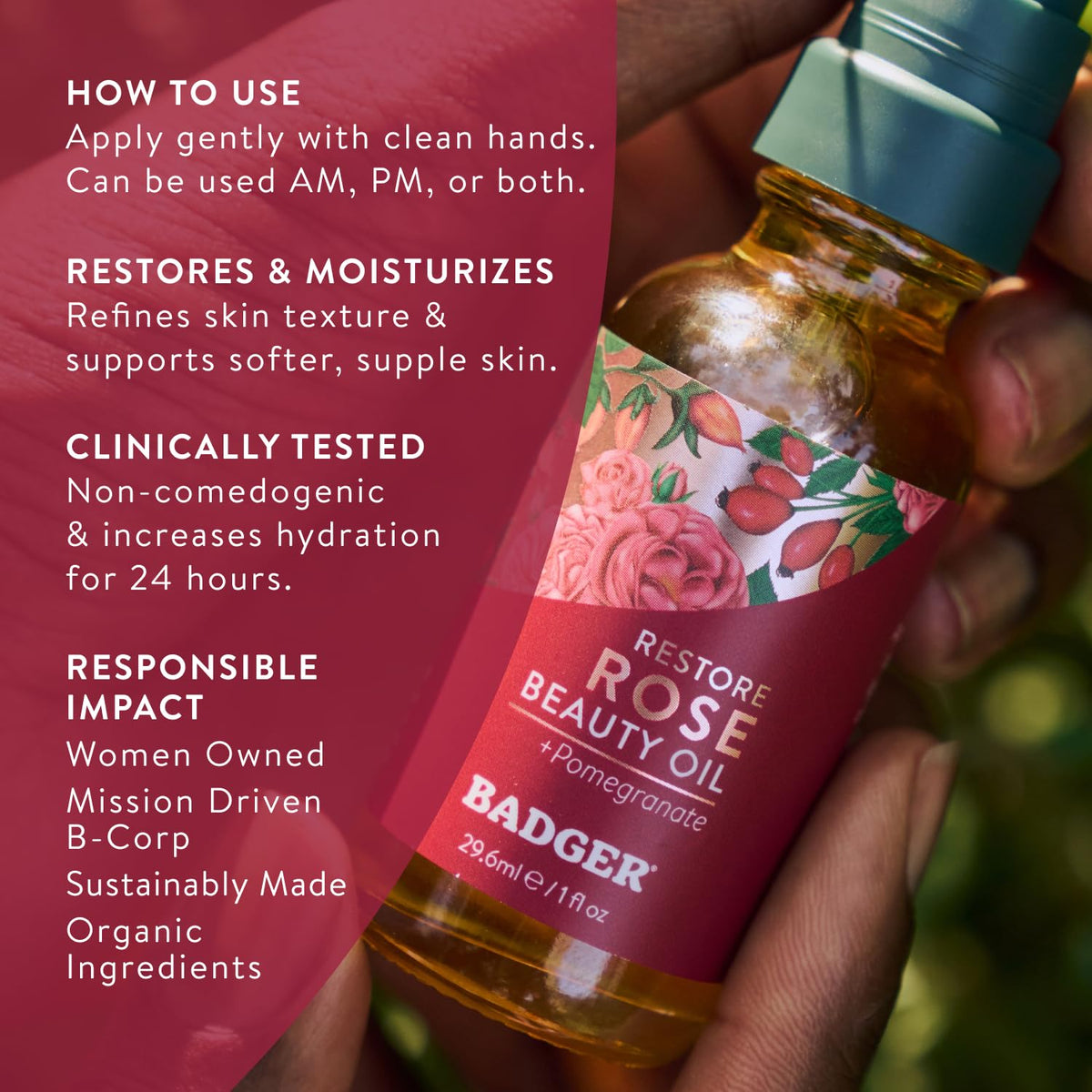 Badger rose face oil being applied from hand to cheek offering smooth hydration