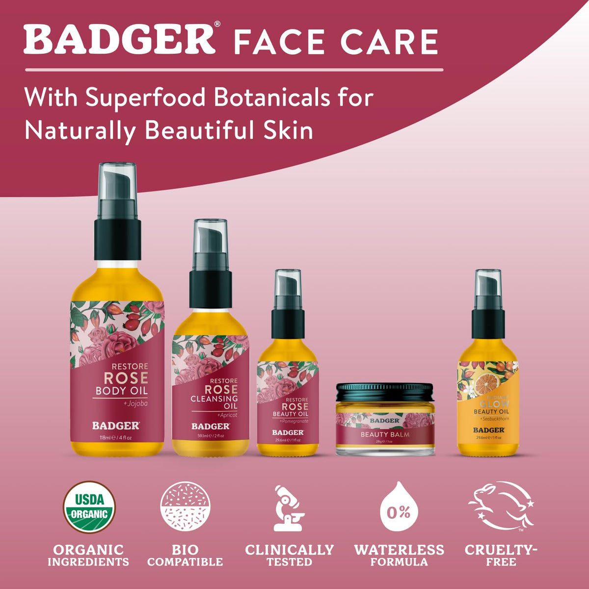 Badger rose face oil with rosehip and jojoba ingredients highlighting nourishing antioxidants
