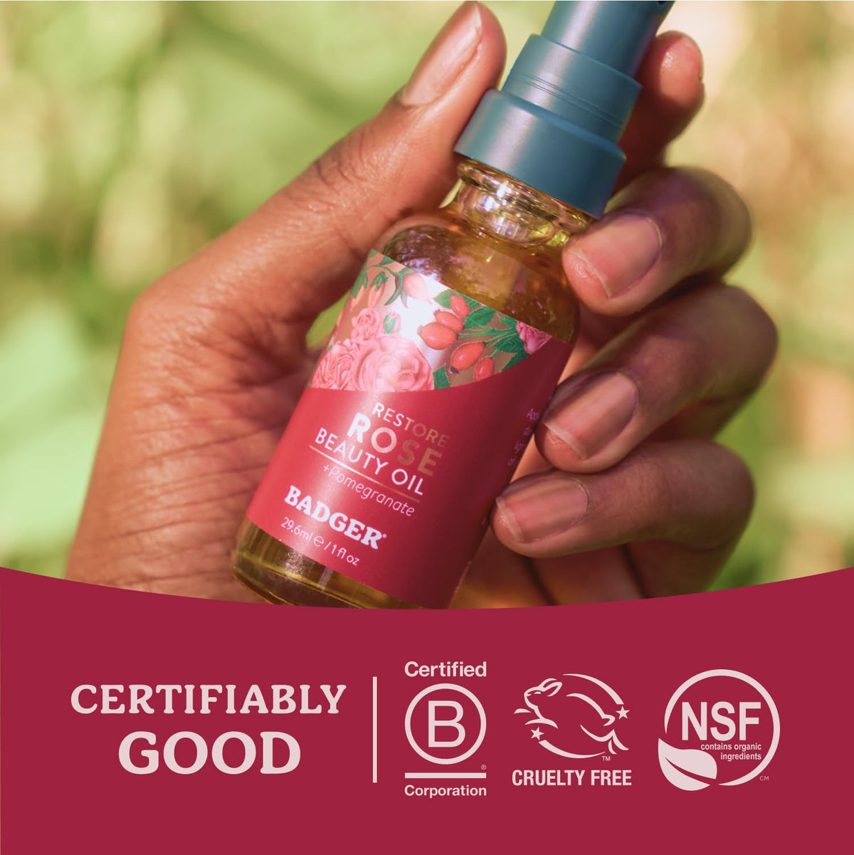 Badger rose face oil on bathroom vanity lifestyle shot promoting sustainable daily ritual