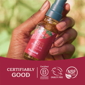 Badger rose face oil on bathroom vanity lifestyle shot promoting sustainable daily ritual