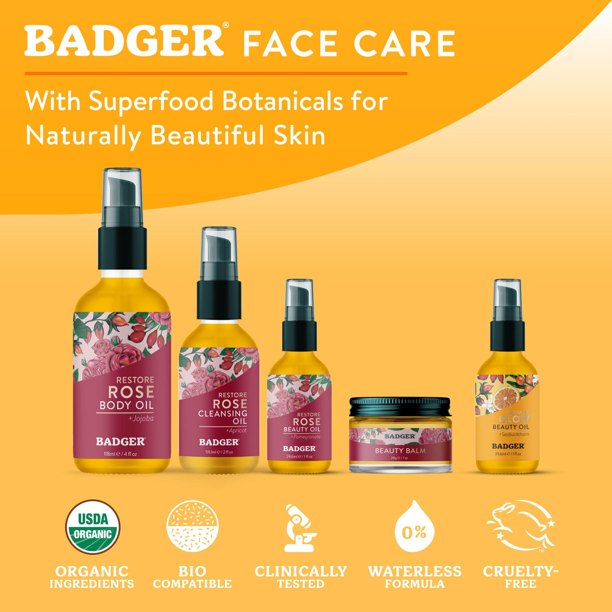 Badger ingredient display of jojoba baobab seabuckthorn highlighting natural benefits