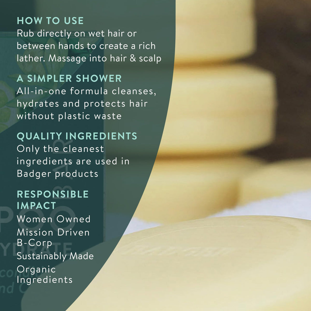 Badger shampoo bar ingredients label with jojoba and baobab listed to show natural formula
