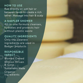 Badger shampoo bar ingredients label with jojoba and baobab listed to show natural formula