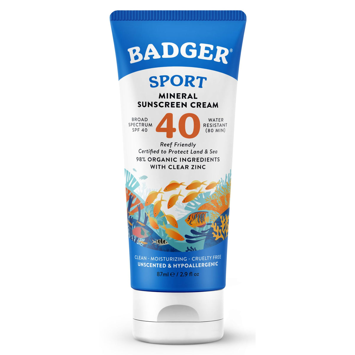 Badger front tube showing label and SPF 40 for clear protection