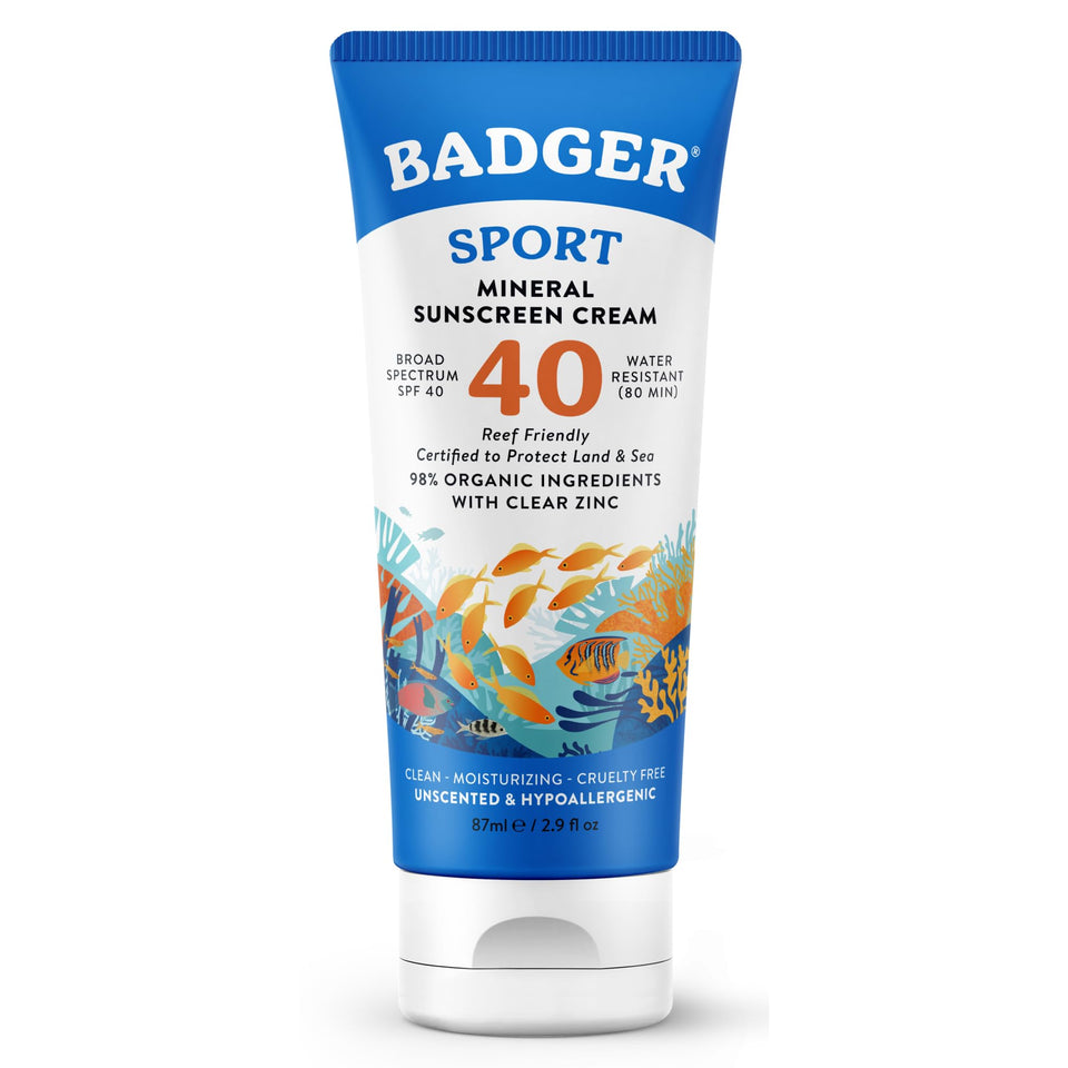 Badger front tube showing label and SPF 40 for clear protection