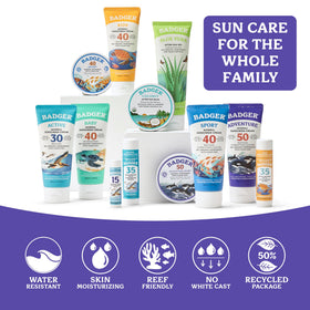 Badger sunscreen on surfboard lifestyle scene for active water use