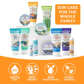 Badger sunscreen cream and face stick beside ruler for size and travel convenience