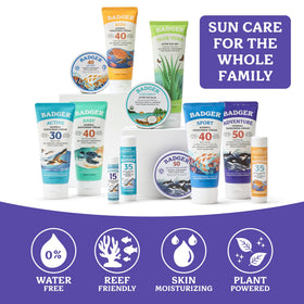 Badger sunscreen in beach surf scene protecting skin while active