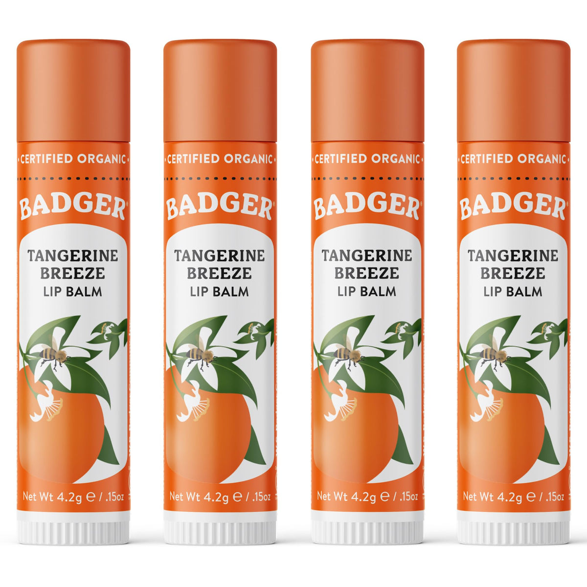Badger lip balm front packaging showing bright tangerine label and value pack