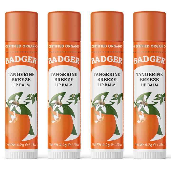 Badger lip balm front packaging showing bright tangerine label and value pack