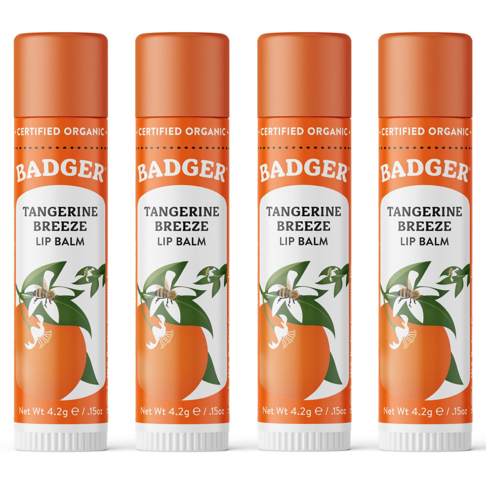 Badger lip balm front packaging showing bright tangerine label and value pack